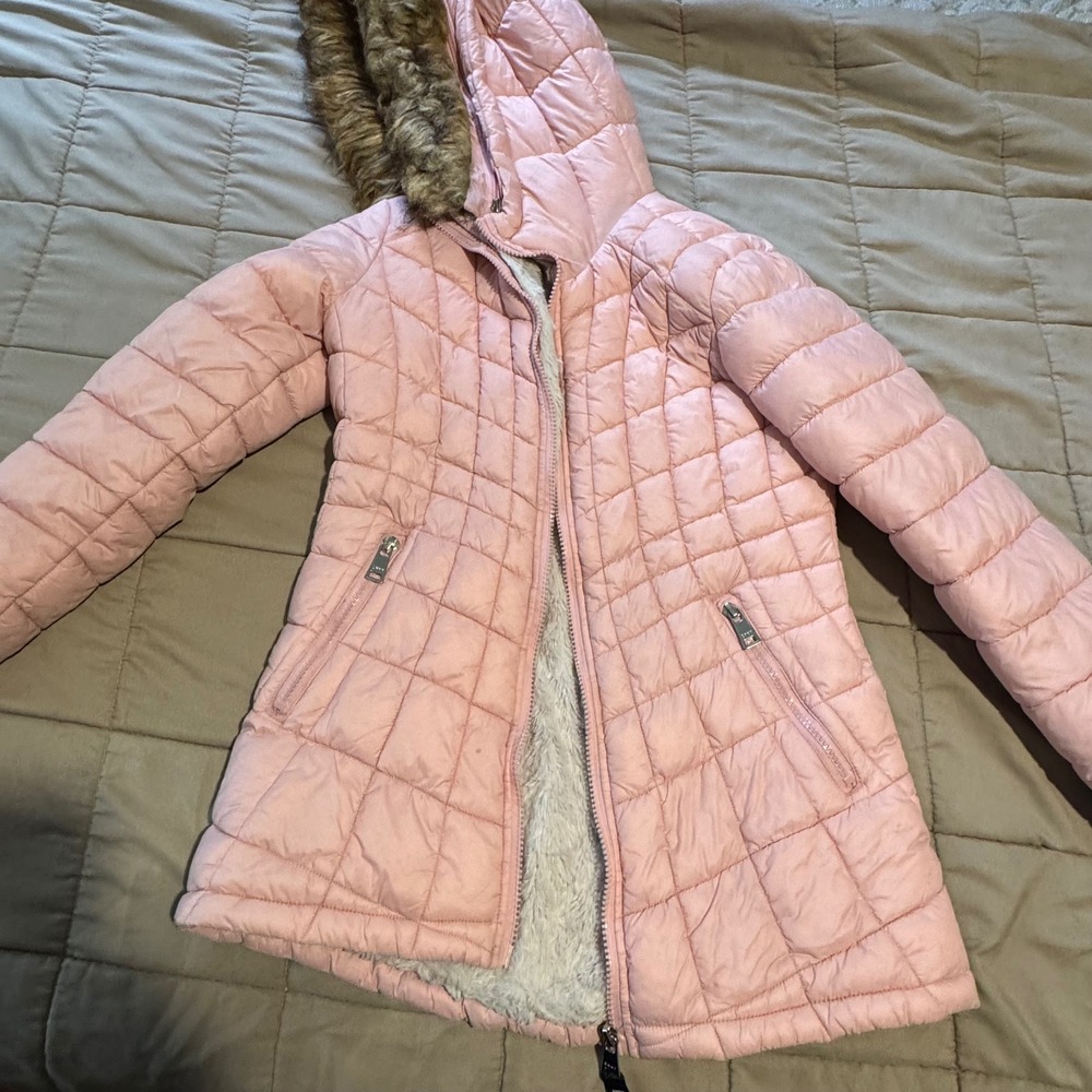 DKNY Sport Girls Pink Quilted Puffer Coat Faux Fur Hooded Jacket Size M (10/12)